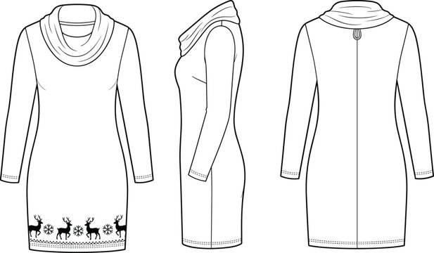 Women long sleeve cowl neck knit sweater dress fashion technical sketch vector template