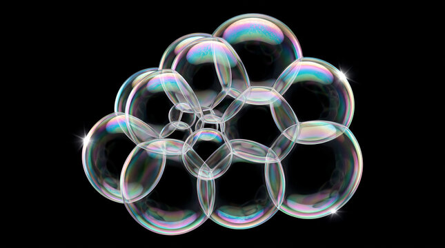 Soap Bubble Cluster, Realistic transparent iridescent bubbles isolated on black background with glossy floating abstract design