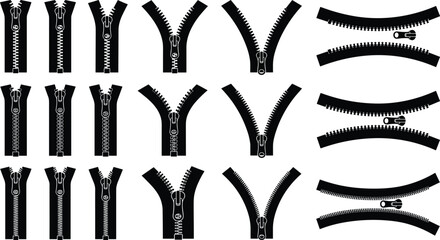 Zipper vector silhouette collection featuring various open closed and curved metal zip fasteners © Md Atiar Rahman