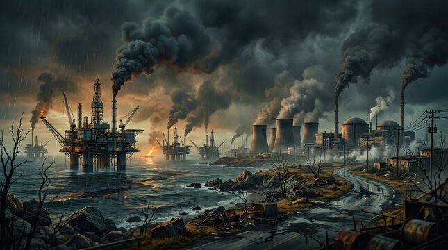 Industrial pollution scene with oil rigs and power plants.