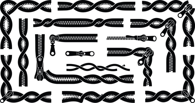 Zipper borders and twisted zip brush elements vector silhouette collection on white background