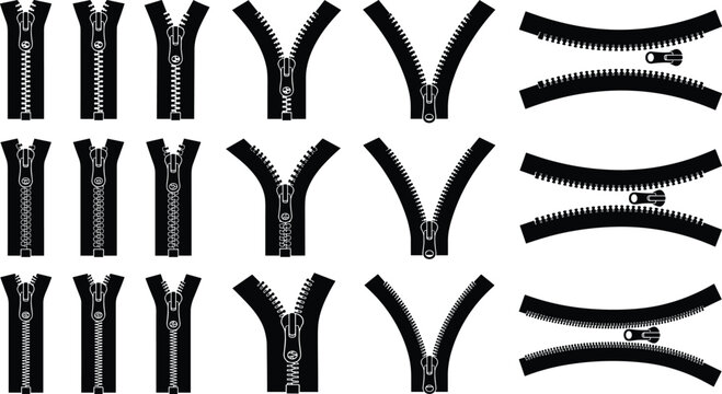 Zipper vector silhouette collection featuring various open closed and curved metal zip fasteners