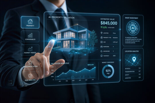 Businessman interacting with futuristic AI property valuation interface smart investment dashboard showing $845,000 estimate 3D house model market trends valuation analysis risk score