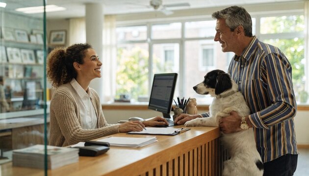 Friendly veterinary clinic reception with smiling receptionist checking in a pet owner holding a black and white dog, modern daylight front desk, compassionate animal healthcare service