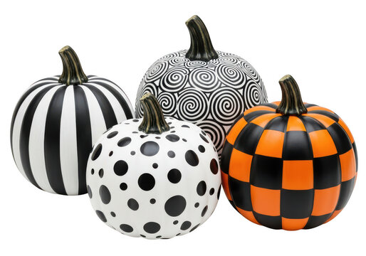 Four decorative pumpkins with unique patterns including stripes polka dots swirls and checkers isolated on a solid black background