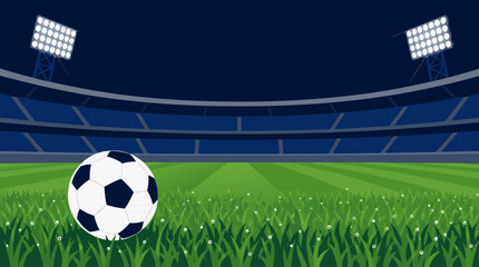 Naklejka premium Soccer ball on dewy grass in an empty floodlit stadium at night, dramatic vector sports background with bright arena lights, green field, anticipation, championship energy, and matchday atmosphere
