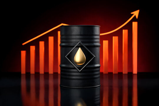 Single oil barrel with golden drop and rising bar chart background finance oil chart