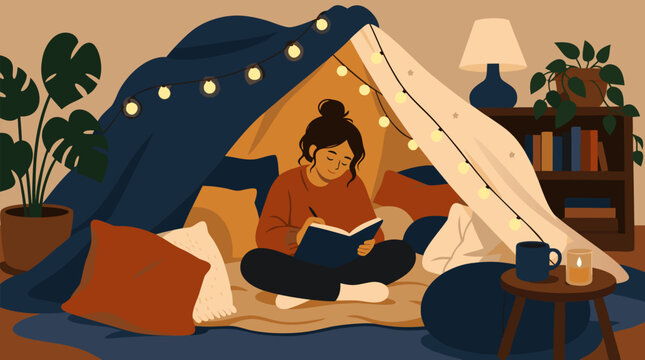 Cozy blanket fort journaling scene with warm fairy lights, pillows, plants, candle and mug, flat vector illustration of mindful self care, quiet reading, creative reflection and hygge home comfort