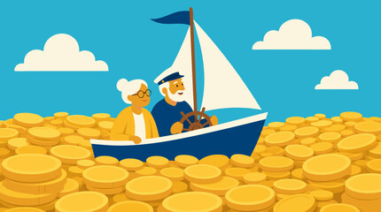Obraz premium Cheerful elderly couple sailing a small boat across a golden sea of coins, optimistic retirement finance concept in bright flat vector style for savings, pensions and wealth planning