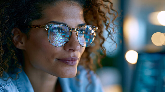 Close up portrait of an attractive software engineer with clean code reflecting in the glasses in a bright office software engineer code reflection glasses e commerce machine