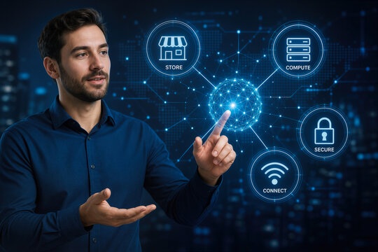Man in blue shirt presenting futuristic digital network with store compute secure connect icons touchscreen interface enterprise cloud network concept for retail compute security and connectivity
