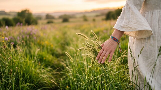 Woman touching tall meadow grass in a field at sunset with a peaceful and serene atmosphere