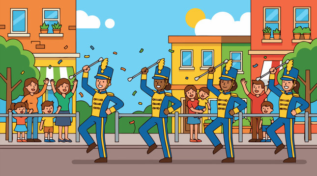 Cheerful vector illustration of baton twirling parade marchers in blue uniforms passing smiling families, children, confetti and colorful city buildings on a sunny community avenue