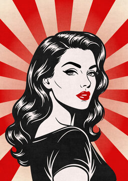 Stilisierte Illustration einer eleganten Frau mit dunklem Haar im klassischen Pin-up-Stil, Hochformat