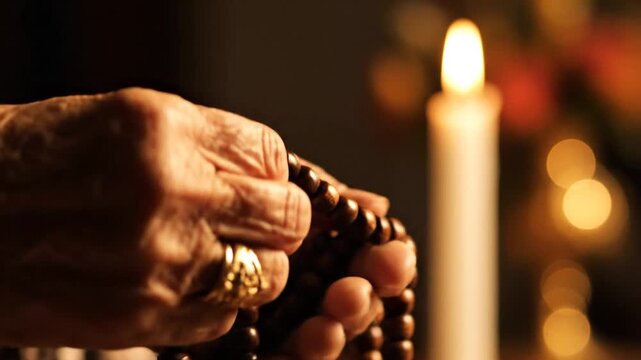 Close-up of wrinkled elderly hands holding and counting wooden prayer beads against a dark background with a soft glowing candle flame and warm light, symbolizing faith and meditation.