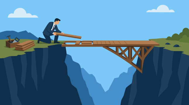 Business engineer in suit builds a wooden bridge across a vast mountain chasm, symbolizing leadership, strategy, risk management, innovation, teamwork, and bold solutions to difficult challenges