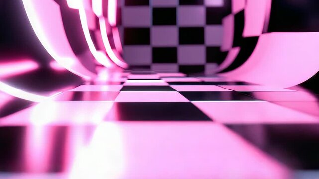 A well-lit space features a checkered floor and colorful walls. The design creates an engaging atmosphere for creativity and visual exploration. The lights cast playful shadows