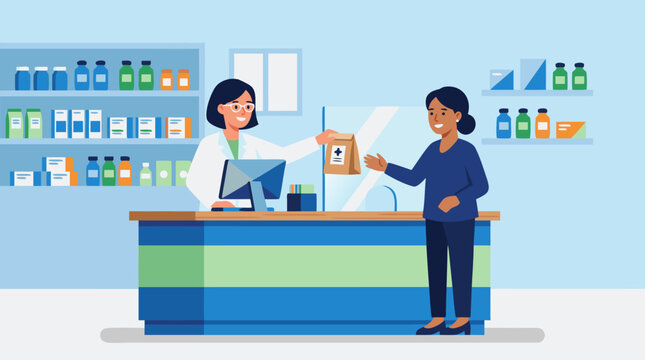 Friendly pharmacist behind a pharmacy counter handing a paper medicine bag to a customer, with organized shelves of bottles and boxes in a clean healthcare vector illustration for service and wellness