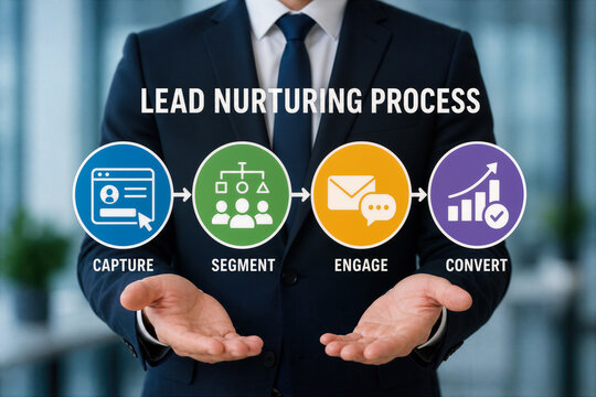 Lead nurturing process business concept with businessman presenting icons for capture segment engage convert customer acquisition marketing funnel B2B lead generation workflow