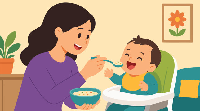 Joyful mother spoon-feeding nutritious porridge to happy giggling baby in high chair, delightful mealtime bonding, cheerful family nutrition moment with vibrant warm colors and expressive faces