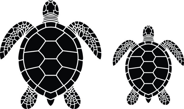 Sea turtle silhouette vector icon set top view of marine tortoises isolated on white background for tribal tattoo or logo design