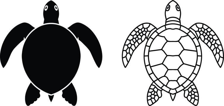 Sea turtle vector icon set featuring solid black silhouette and detailed outline design isolated on white background