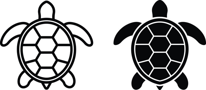 Sea turtle vector icon set with minimalist linear outline and solid glyph silhouettes isolated on white background