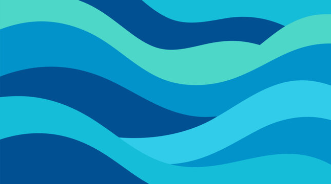 Abstract wavy ribbon layers in ocean blue, teal and aqua, flowing geometric vector background with smooth curves for water themes, branding, wellness, technology, and modern presentation layouts