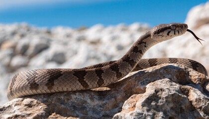Naklejka premium Photorealistic desert snake coiled on sun-warmed rocks with raised head and forked tongue flicking, patterned scales sharply detailed against bright blue sky and rugged arid wilderness backdrop