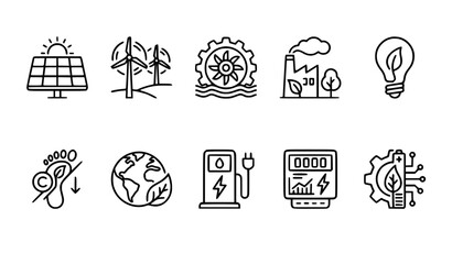 Minimal renewable energy outline icons with solar wind eco technology editable stroke vector set © Rune Veil