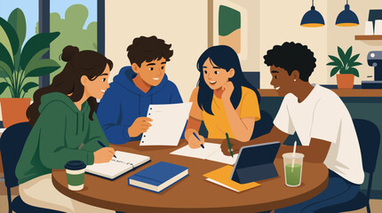 Obraz premium Diverse teen study group shares notes, tablets, and notebooks around a cozy cafe table, collaborative learning vector for tutoring, exam prep, friendship, teamwork, and modern student life