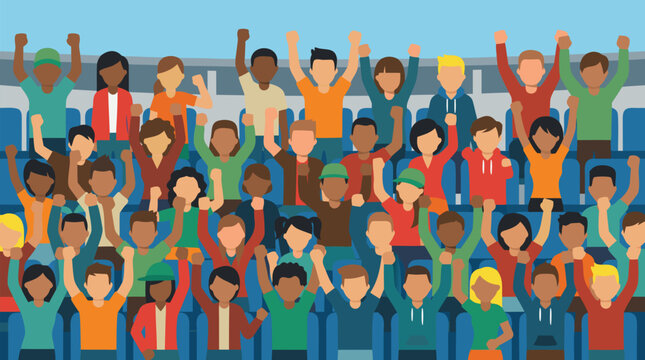 Diverse crowd of excited sports fans cheering in stadium seats, raised fists, vibrant team spirit, multicultural supporters celebrating a big game in colorful flat vector style scene