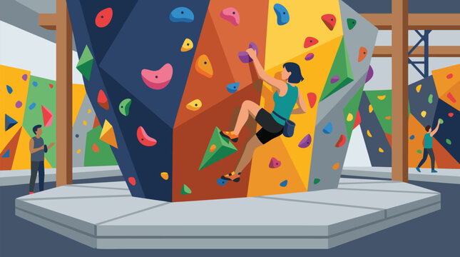 Indoor bouldering gym vector illustration with athletic climber scaling colorful overhang wall, bright holds, thick safety mats, spotters, modern fitness training and adventure sport energy