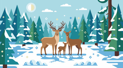 Naklejka premium Peaceful deer family in a sparkling snowy forest clearing, elegant stag, doe and fawn among frosted pines, moonlit woodland magic, cozy winter wildlife vector illustration for seasonal greeting cards