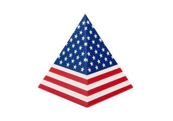 Fototapeta premium A three-dimensional pyramid shaped featuring the american flag pattern, isolated on a solid black background, for display
