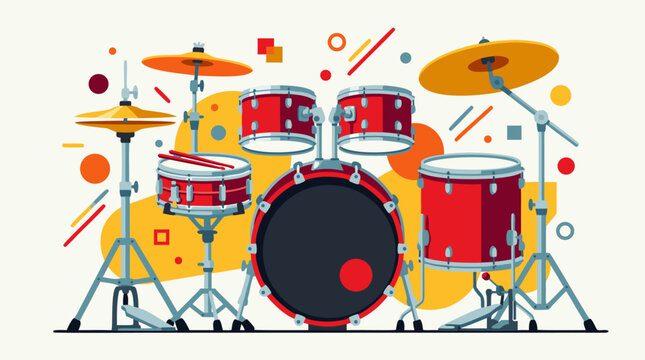 Vibrant red drum kit with chrome hardware, cymbals and bold geometric accents, front view vector illustration for music lessons, concerts, rock bands, studio rhythm and percussion branding