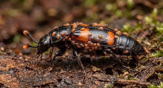 Macro lateral profile of burying beetle carrying phoretic mites