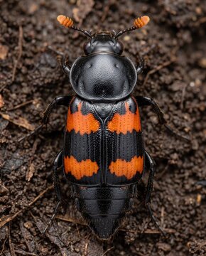 Macro dorsal view of burying beetle on dark forest soil