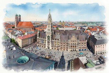 Obraz premium Marienplatz central square in Munich Germany watercolor painting