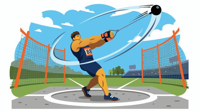 Powerful hammer throw athlete spinning inside stadium cage, dynamic vector illustration of track and field strength, speed, motion trails, competition energy, blue sky arena and dramatic release