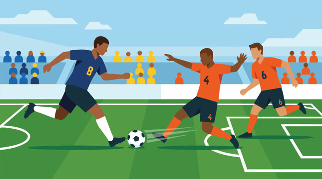 Fast soccer midfielder threading a precise ground pass between two sliding defenders, open stadium and green pitch, vivid flat vector illustration of teamwork, agility and attacking football play