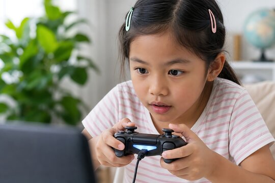 Young girl playing video game with controller in cozy living room