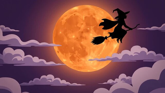 A witch flies on her broomstick under a glowing orange moon with clouds.