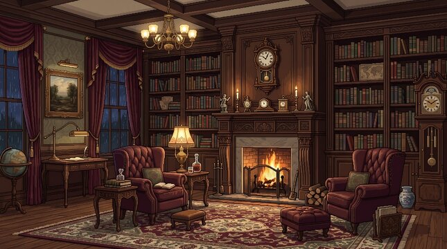 Cozy vintage library room interior featuring a warm fireplace and detailed pixel art furniture design style