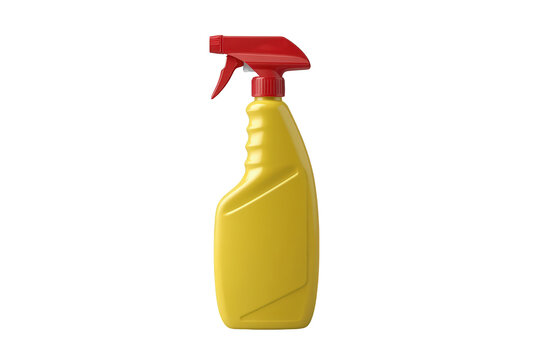 Yellow plastic spray bottle with red trigger sprayer for cleaning product, household detergent, or sanitizer on transparent background