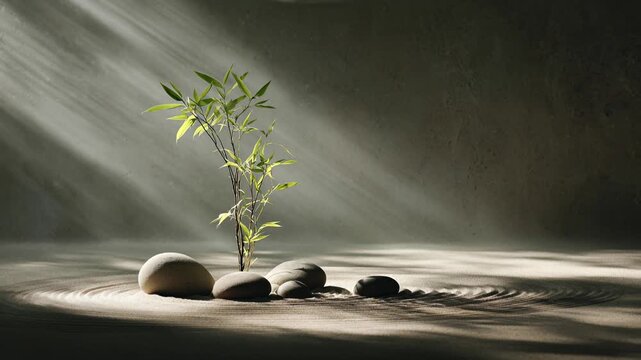 Serene Zen Garden with Bamboo and Raked Sand Under Dramatic Light