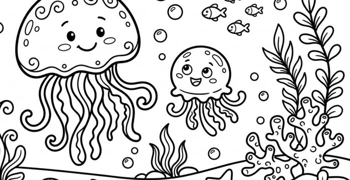 jellyfish, coloring, page, ocean, underwater, parent, baby, marine, sea, aquatic, cartoon, cute, lineart, outline, black, animal, bubbles, coral, seaweed, starfish, vector, illustration, isolated, pri