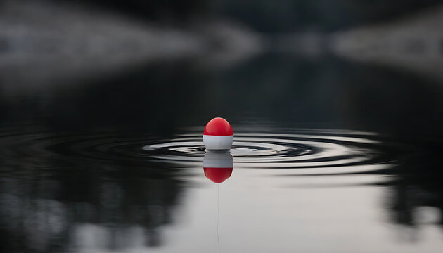 Red and white fishing float on rippled water surface