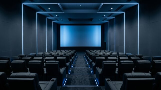 Modern Cinema with Blue Lighting and Comfortable Seats