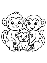Fototapeta premium Monkey Family Portrait: A cute cartoon family of three monkeys, a papa, mama, and baby, smile sweetly together.